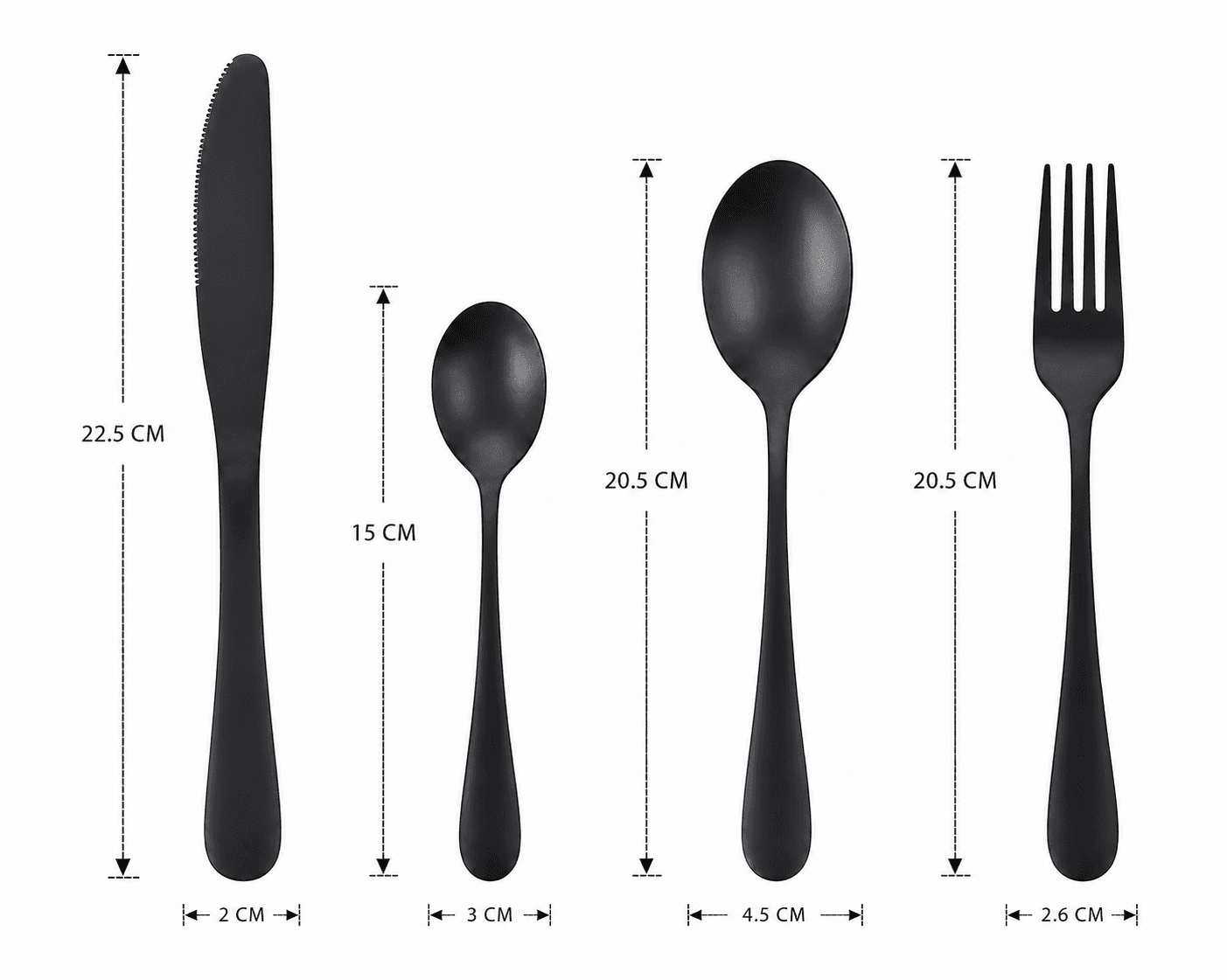 16-piece black cutlery set with a simple design, suitable for everyday table use. 7