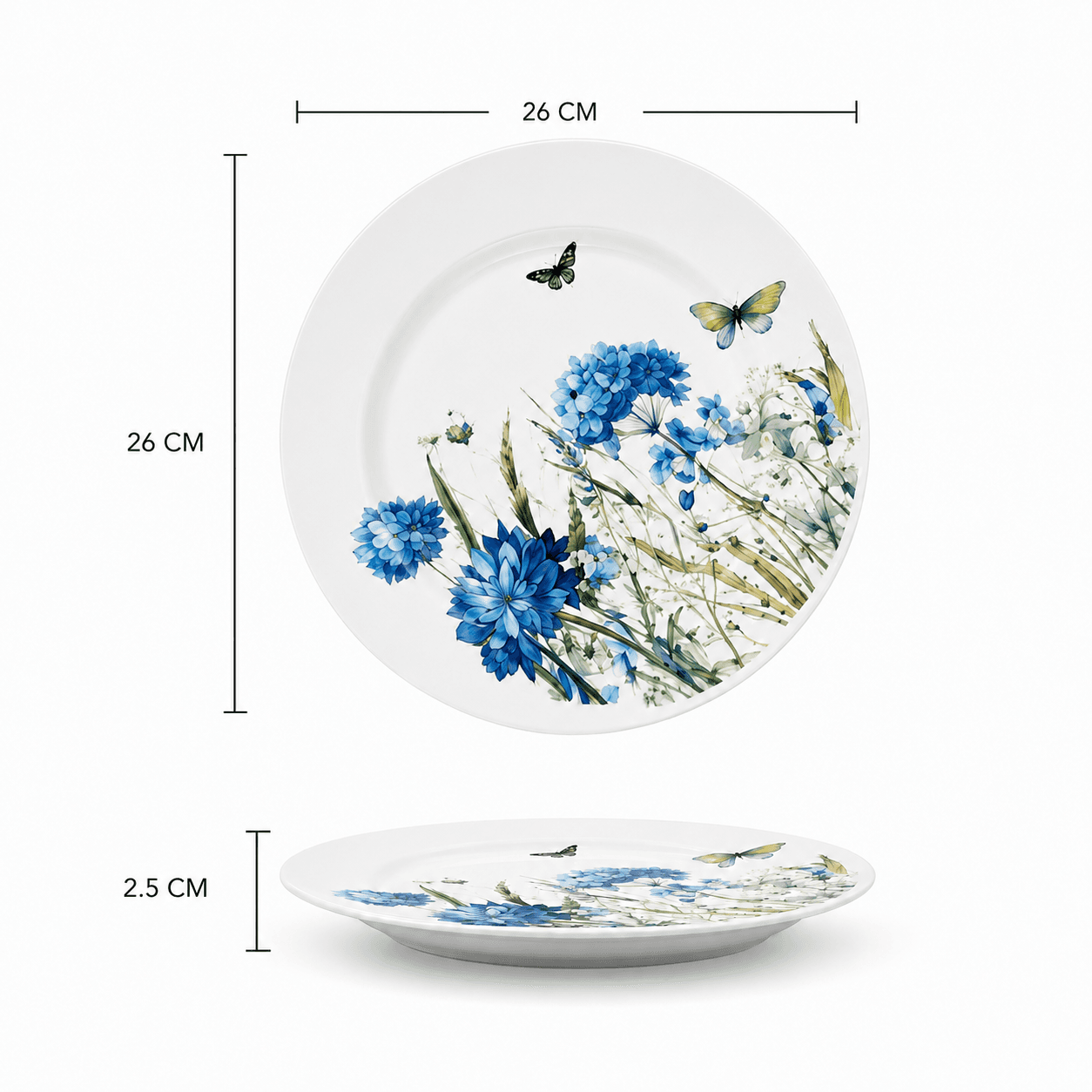 White Porcelain Plate Set - Blue Floral & Butterfly Design - 6 Pieces 6