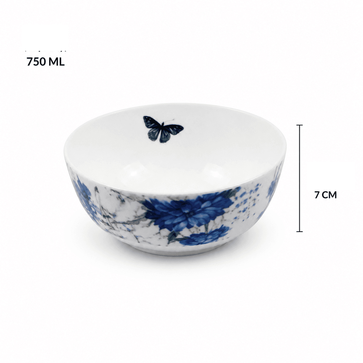 White Ceramic Bowl with Blue Flowers and Butterfly - 750 ml 7