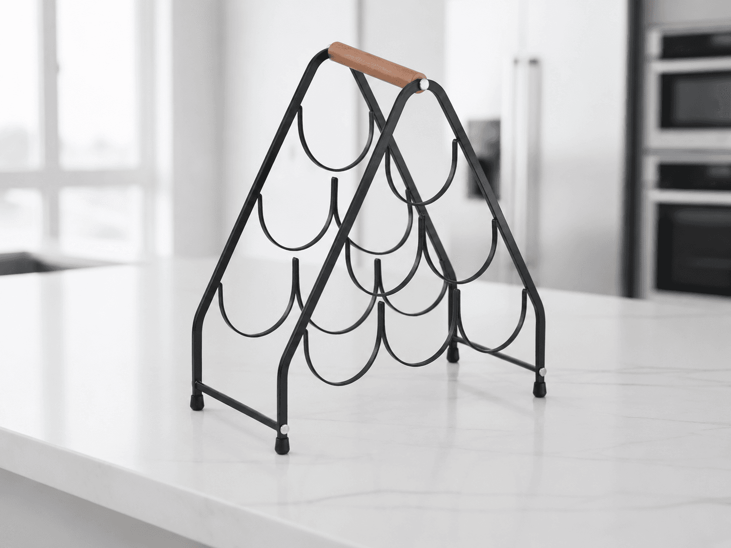 Triangular Metal Bottle Rack with Wooden Handle Black