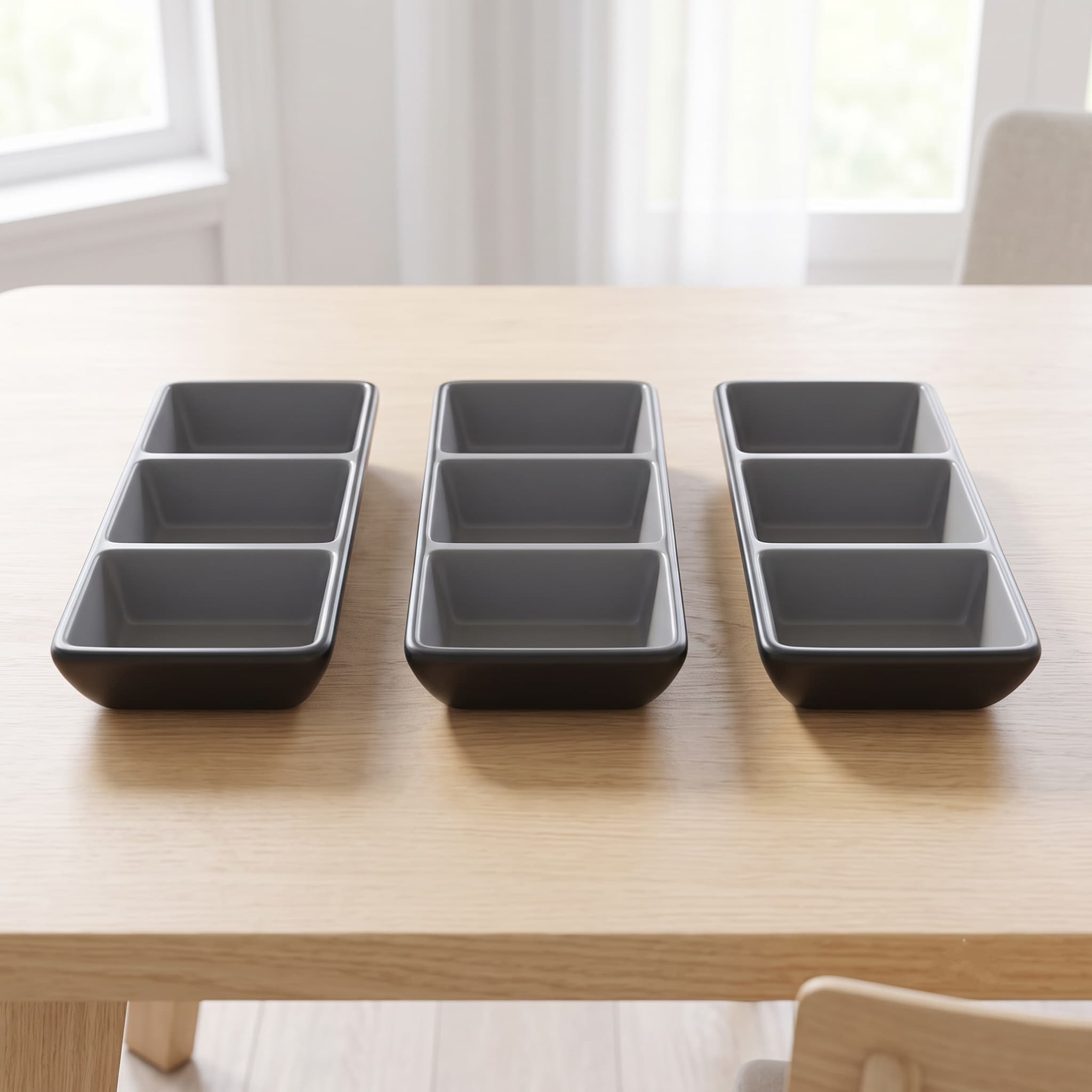 Luxury Dark Gray Melamine Serving Dish with Three Separate Compartments Set of 3 Pieces – Size 21.5×7×3 cm

