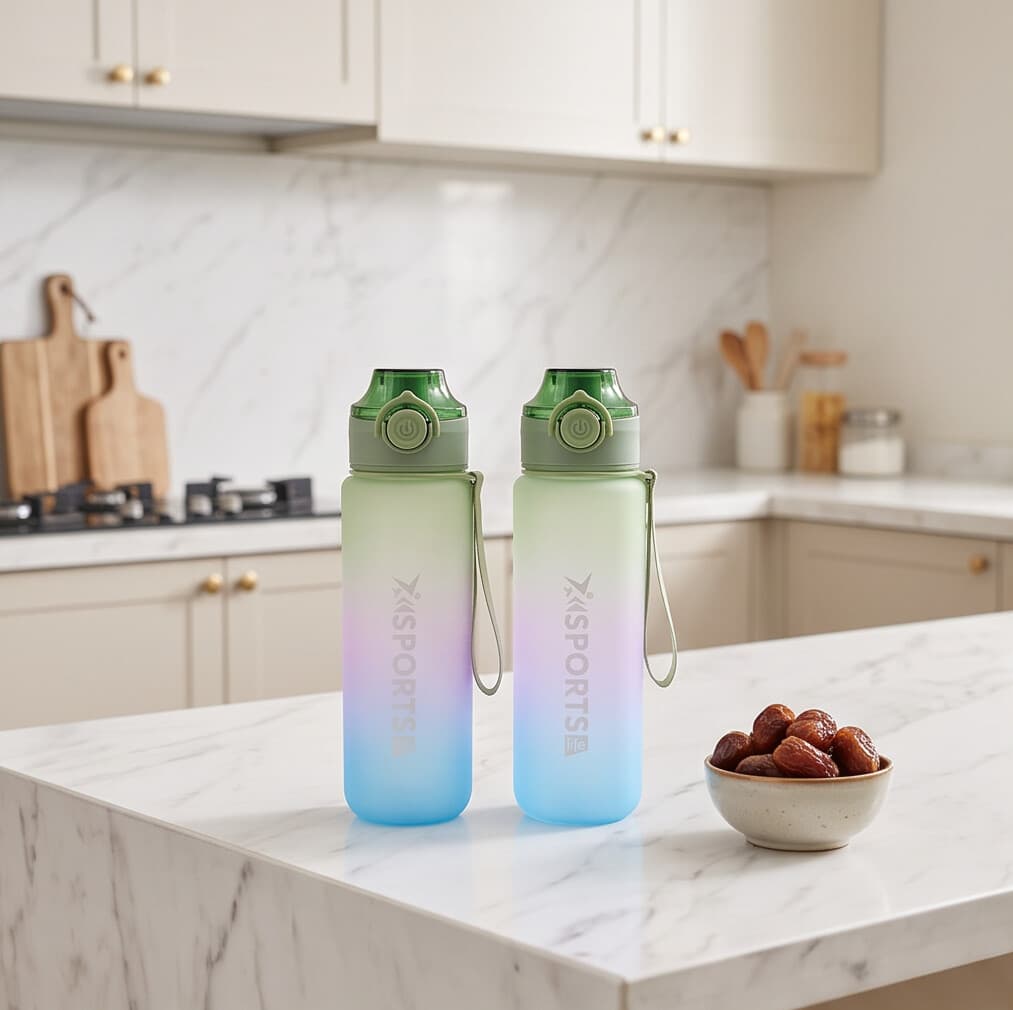 Frosted Design Water Bottle with Silicone Lid 1000 ml - Sky Blue & Green 2