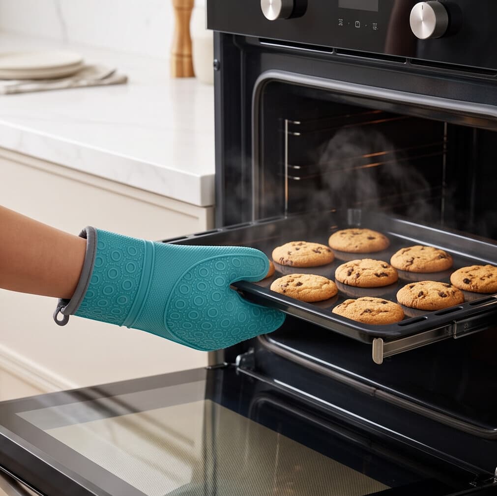 Long Silicone Oven Glove, Heat Resistant with Cotton Lining (29×18.5 cm) - Sky Blue 1