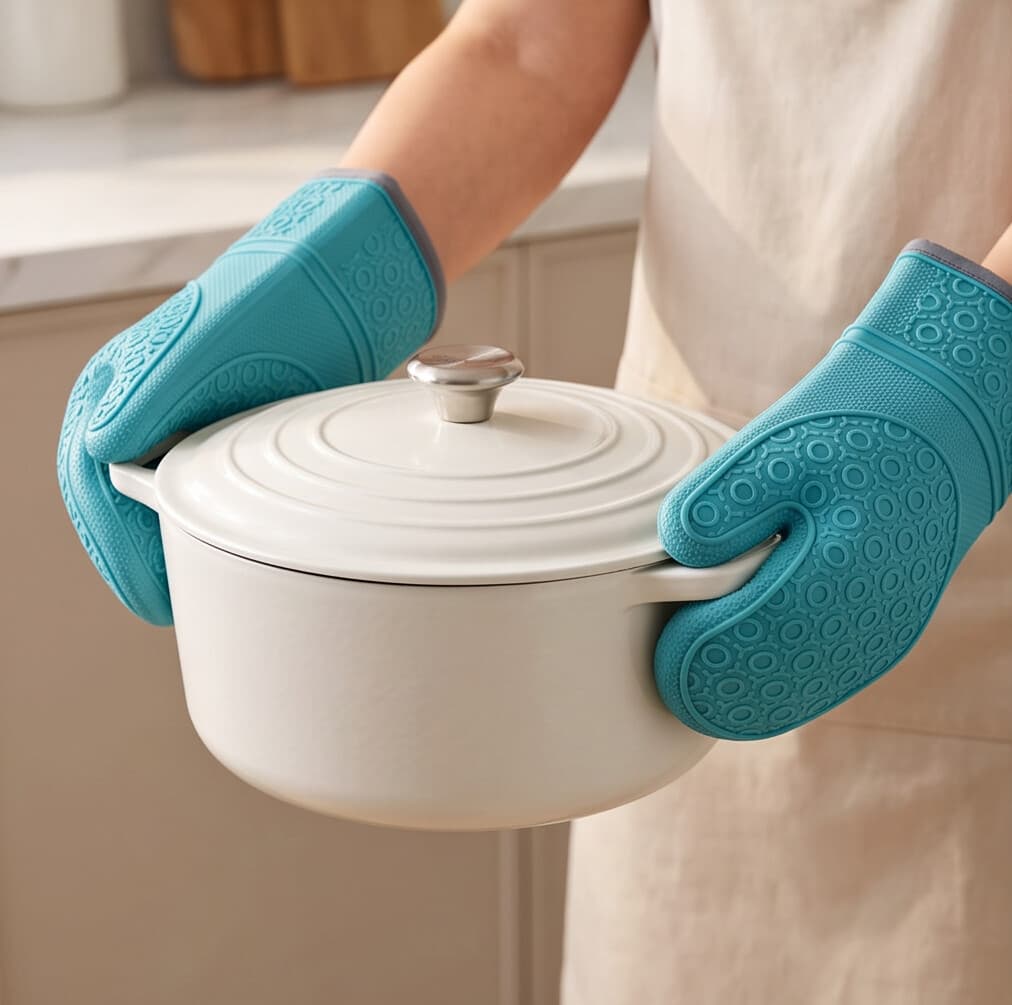 Long Silicone Oven Glove, Heat Resistant with Cotton Lining (29×18.5 cm) - Sky Blue 3