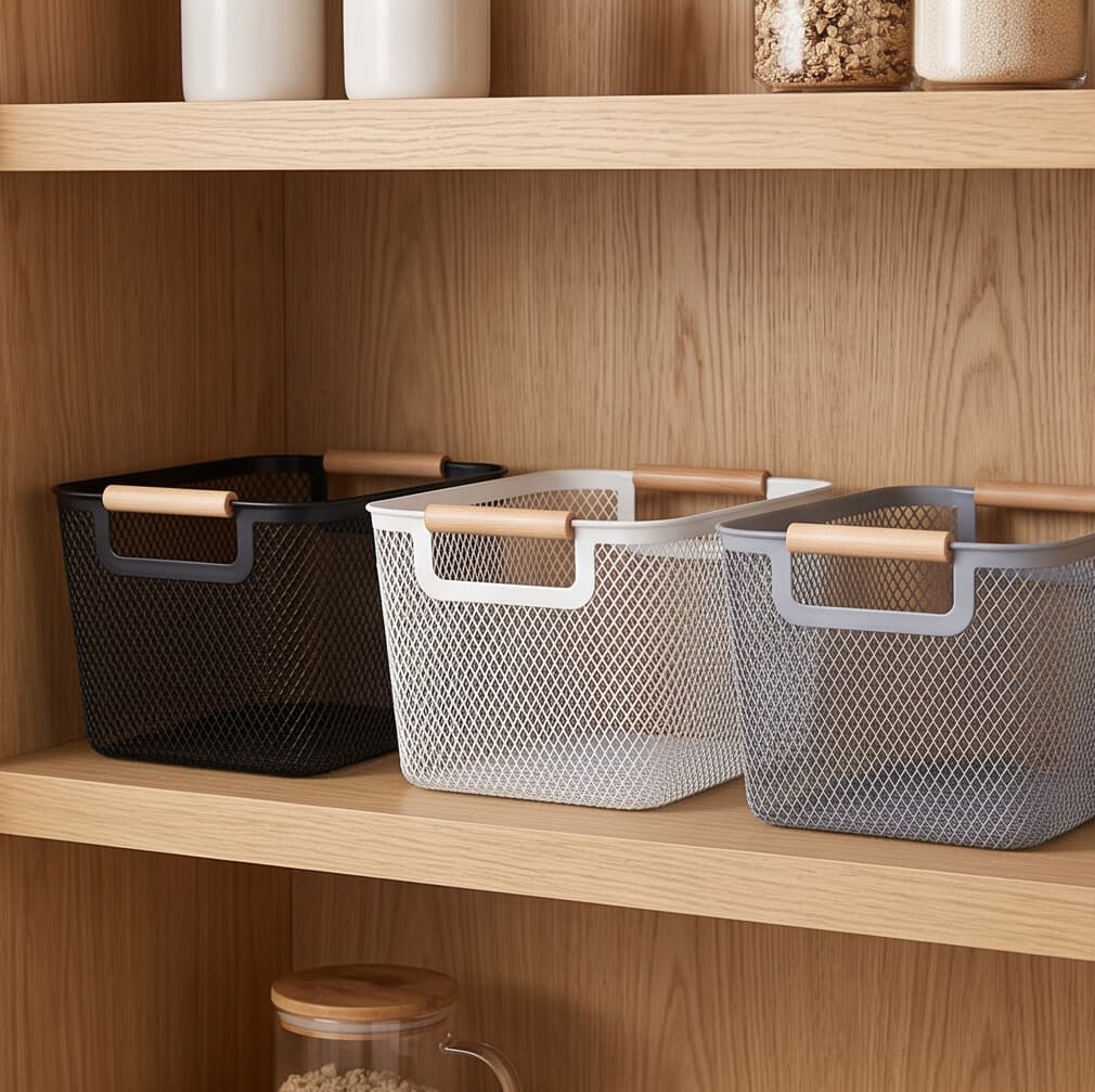 Plastic Storage Basket with Wooden Handle