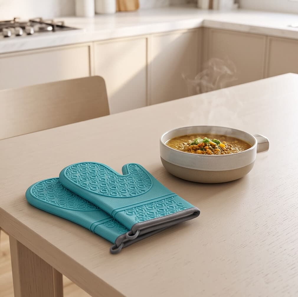 Long Silicone Oven Glove, Heat Resistant with Cotton Lining (29×18.5 cm) - Sky Blue 2