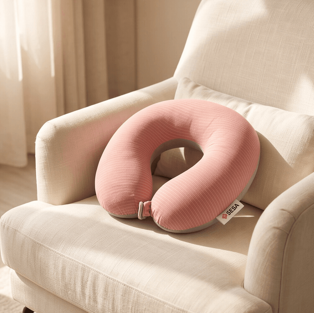 Comfortable Practical Neck Pillow with Storage Bag - Ideal for Travel & Commuting - Gray & Pink